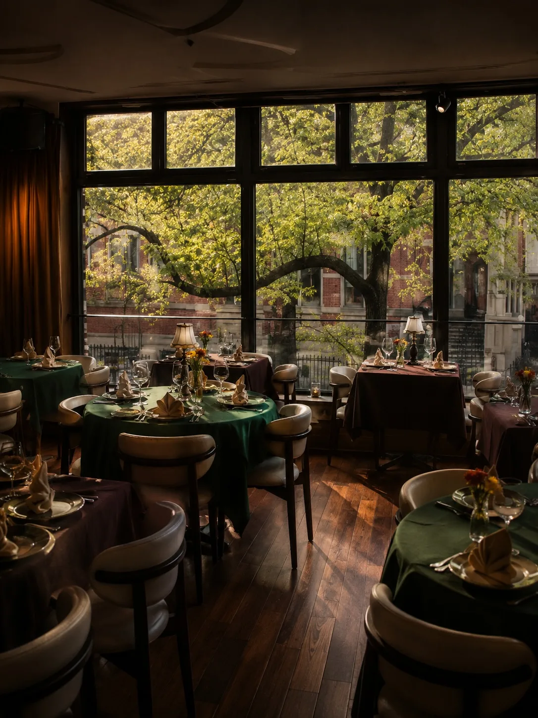 Lebedi / The Swans — GUSI second-floor dining room, 432 Sixth Avenue, Greenwich Village, NYC GUSI's second-floor dining room (Lebedi / The Swans) — emerald-green and burgundy tablecloths, ivory leather chairs, and golden evening light through tall windows over leafy Sixth Avenue trees at 432 Sixth Avenue, Greenwich Village, NYC